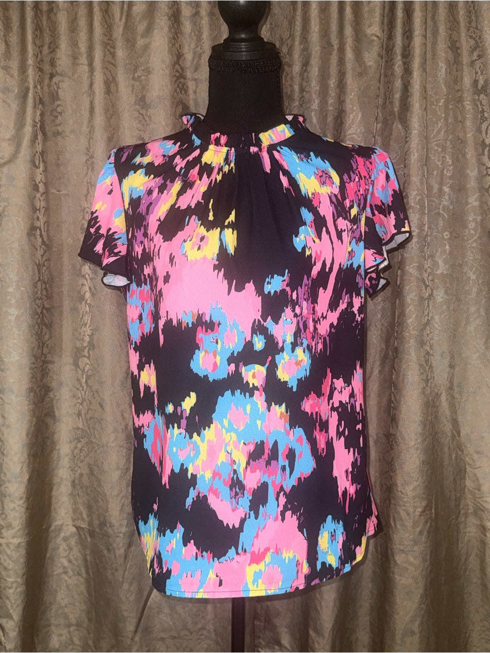Simple Black Blouse with Pink, Blue and Yellow Abstract Paint Splash Print